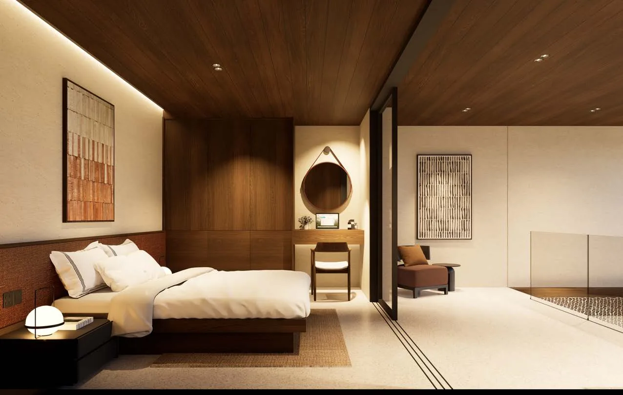 Rendering of a bedroom with a timber dressing area and a desk