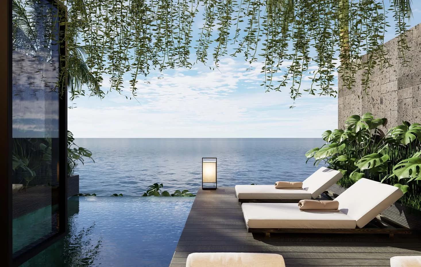 Rendering of a terrace and a private pool opening onto the ocean, villa in Amed, Bali