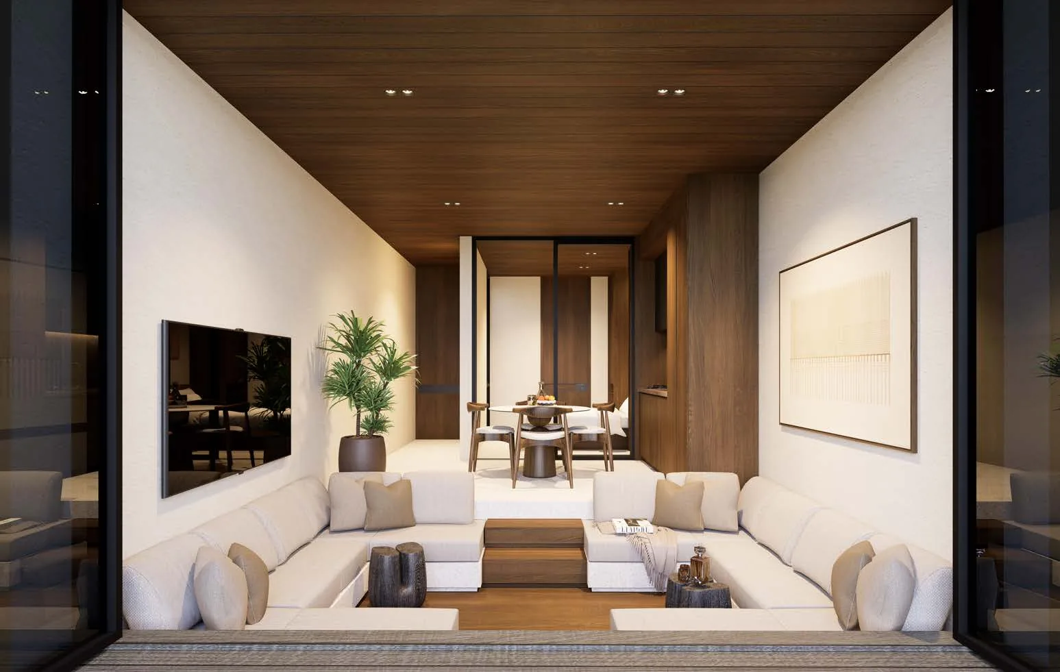 Rendering of a living room and a dining area in timber and stone
