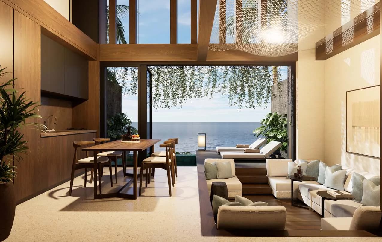 Rendering of a living room and a dining room opening onto the ocean, two-bedroom villa in Amed