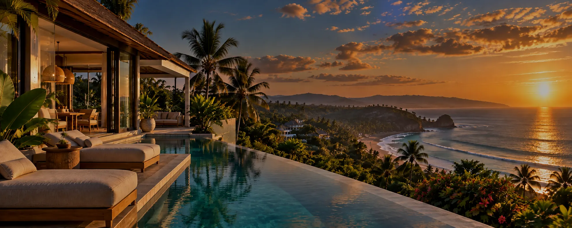 Villa with an infinity pool and a coastal landscape at sunset