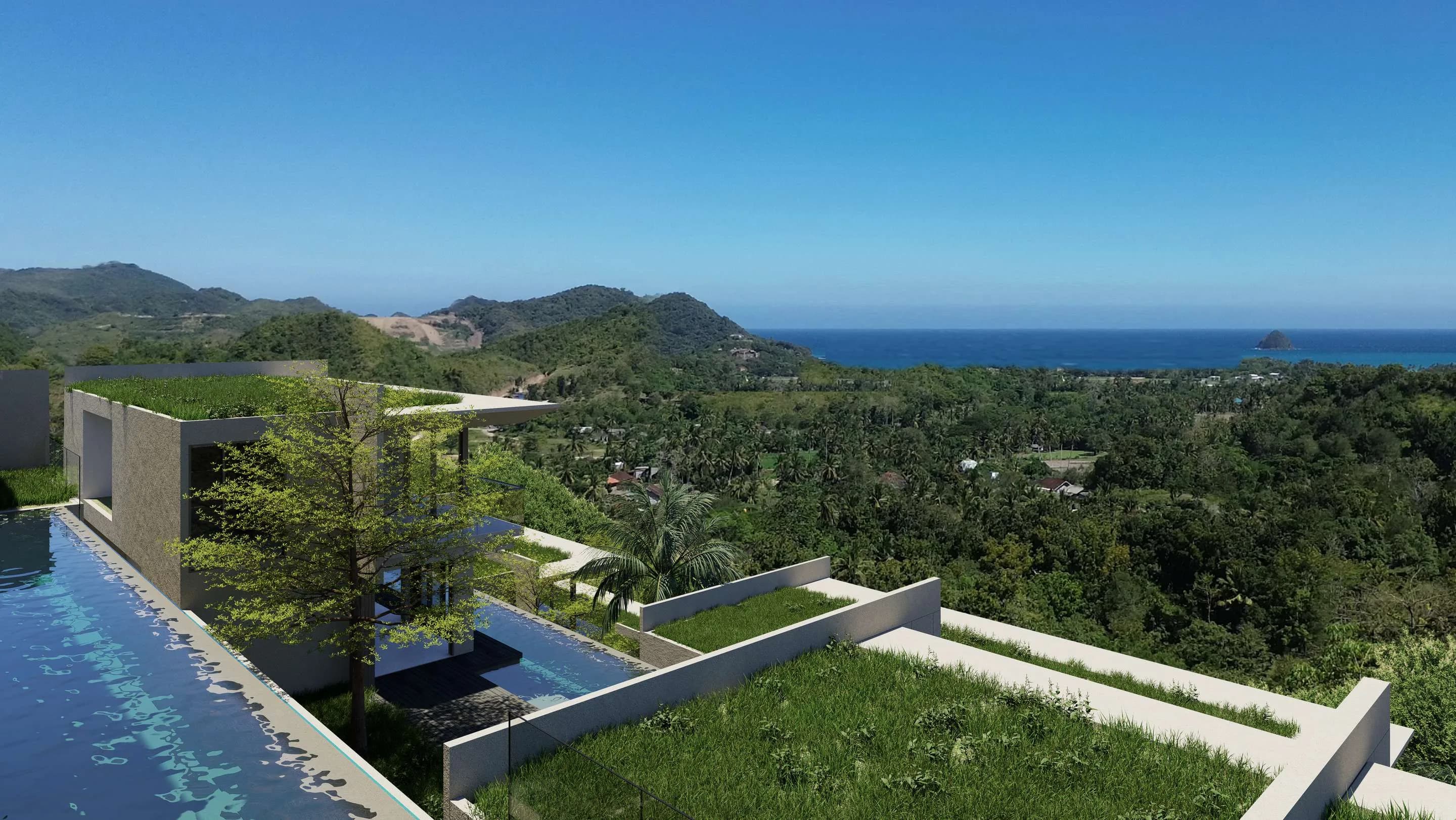 Rendering of contemporary villas in the hills, with a pool and a coastal view, in Selong Belanak, Lombok