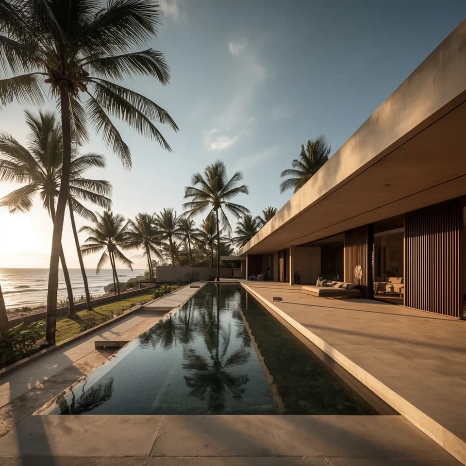 Illustrative architectural rendering of a villa with a pool and palm trees, Serangan Palm Villas, Serangan, Lombok