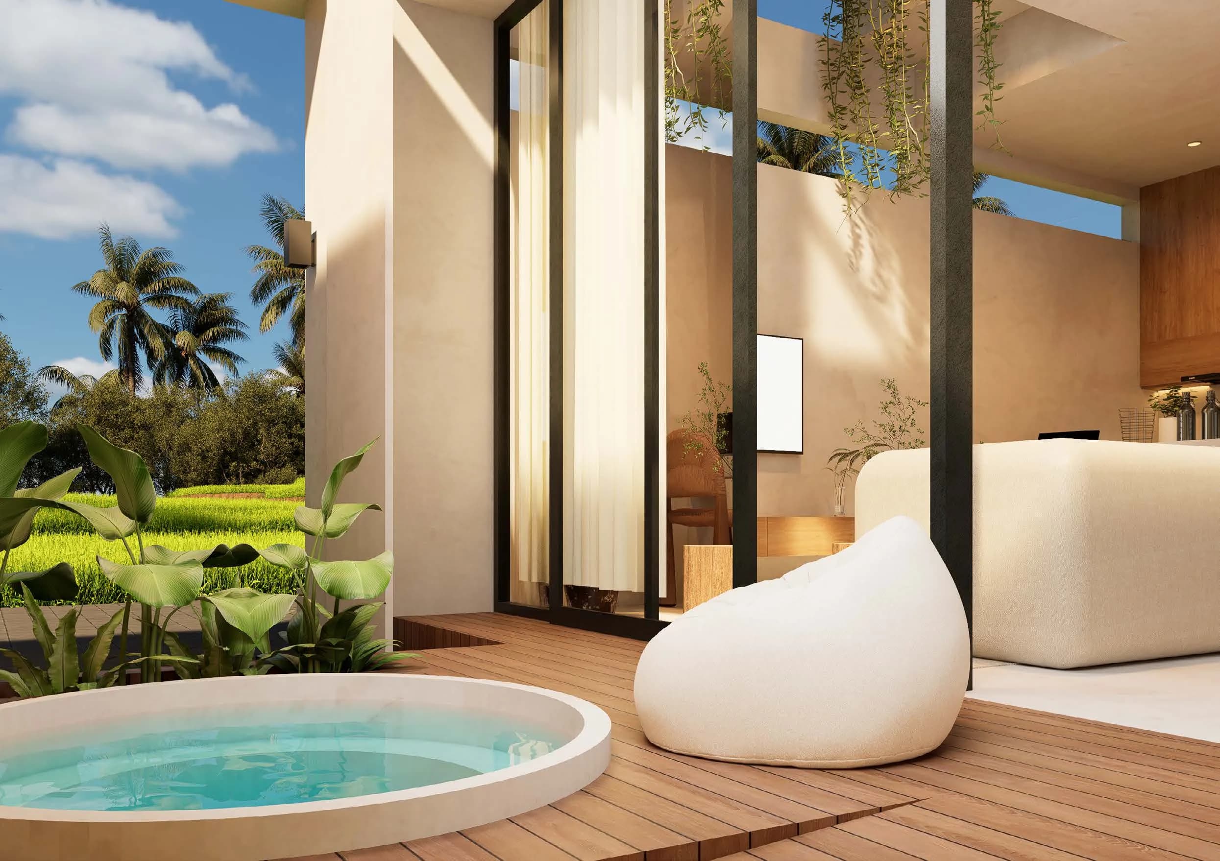 Timber terrace and jacuzzi of a one-bedroom villa in the development