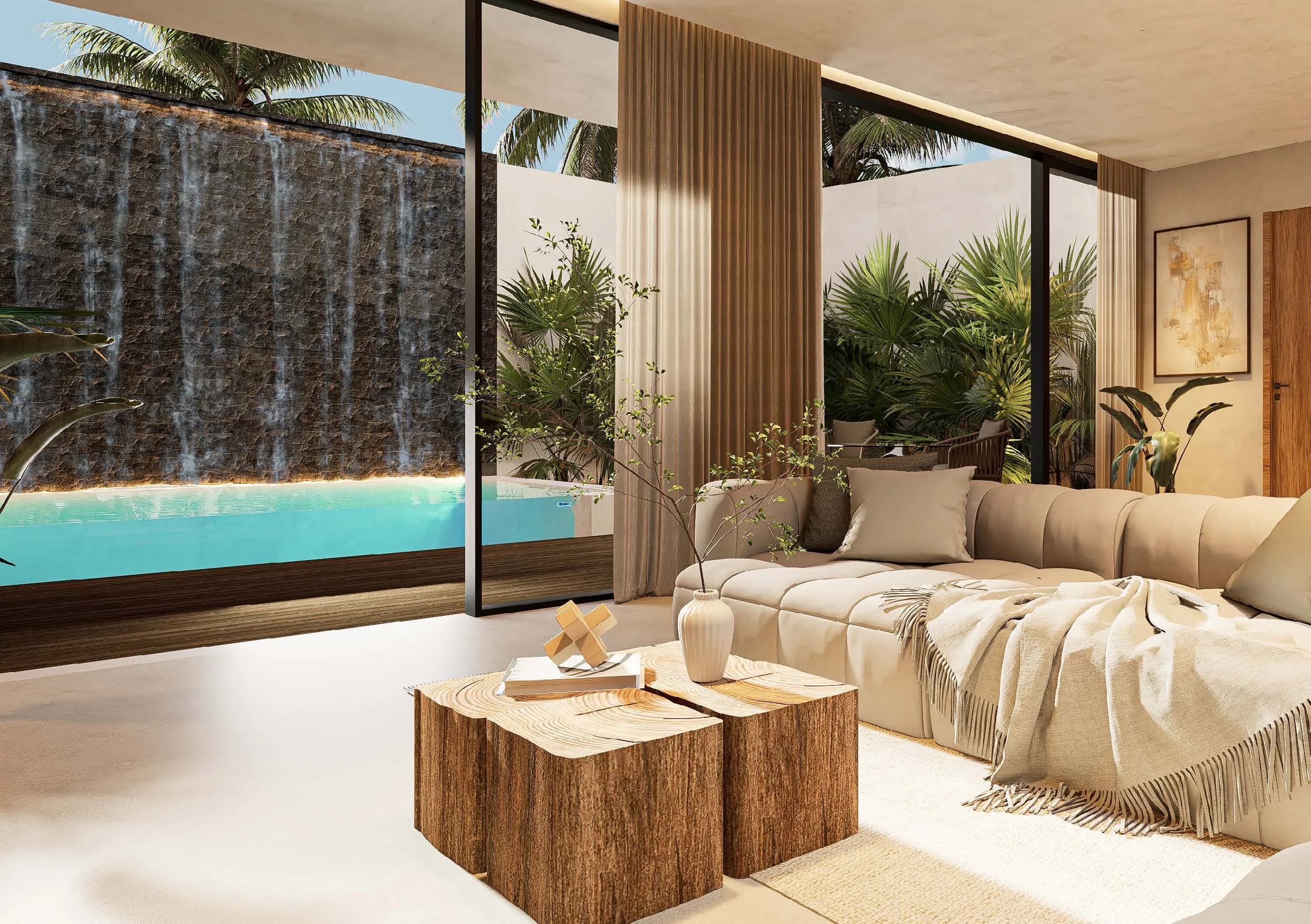 Living room opening onto a private pool, three-bedroom villa in the development