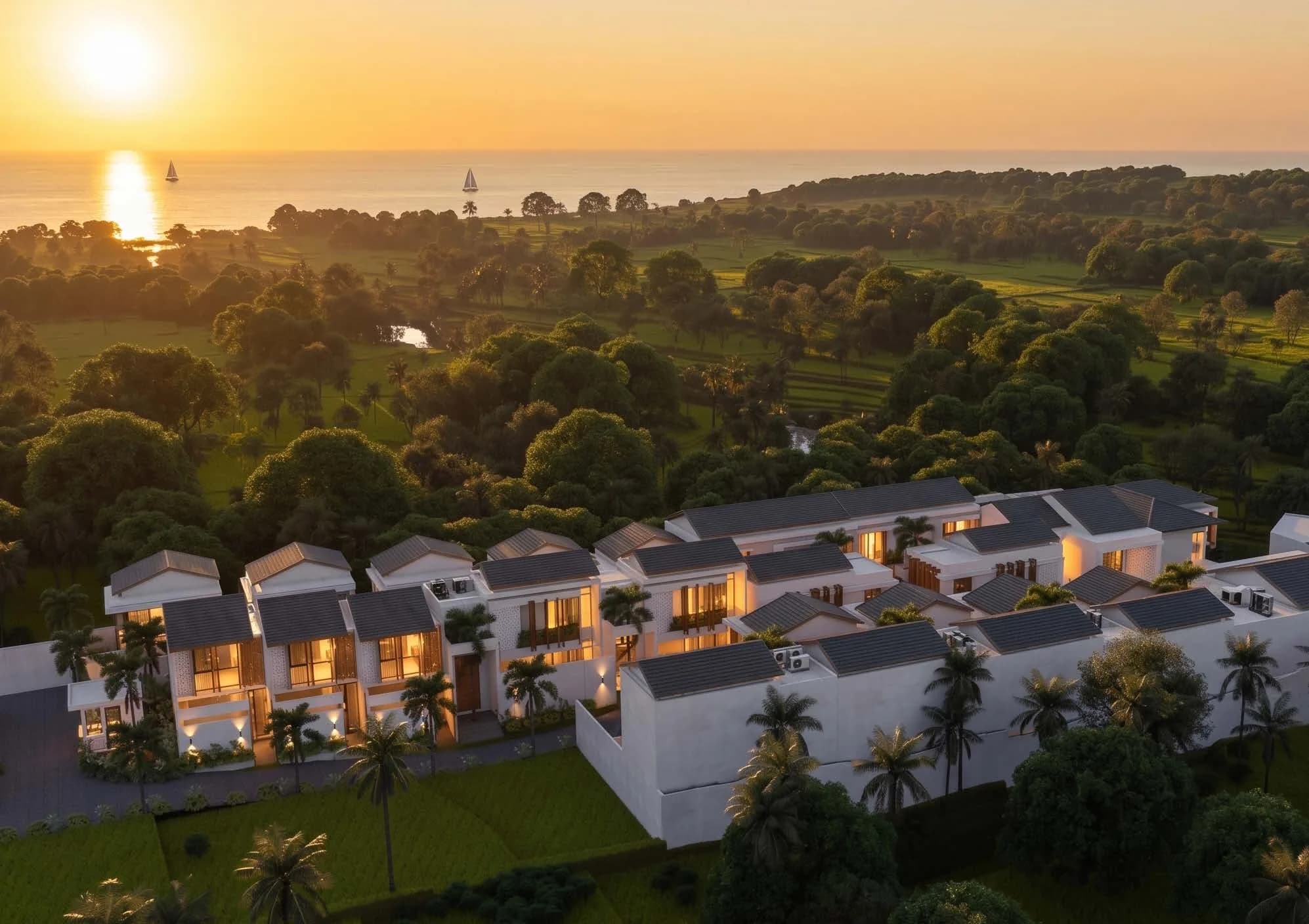 Overview rendering of contemporary villas facing the coast, in Seseh, Bali
