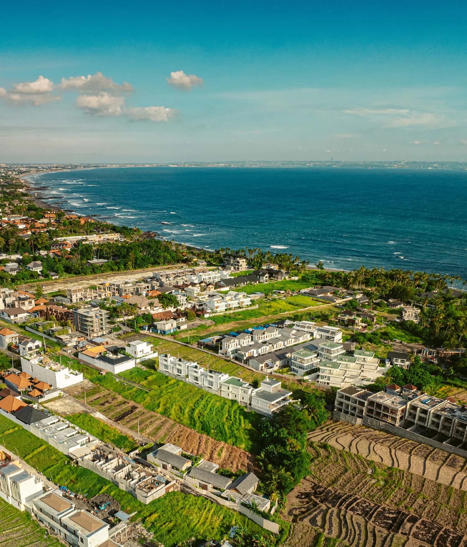 Aerial view of the shoreline and residential districts near Seseh, Bali