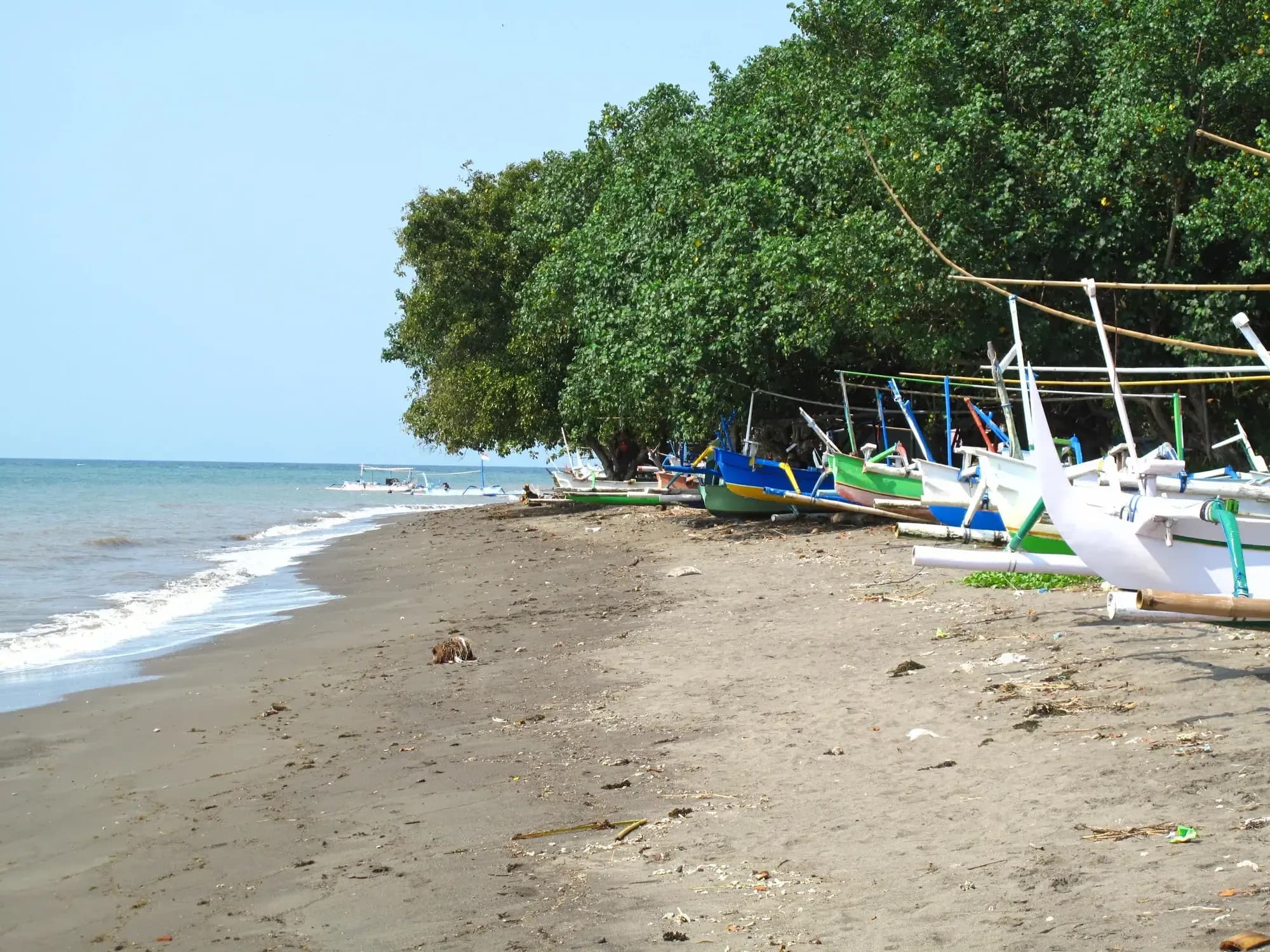 Volcanic sand and jukung boats on Lovina beach, Bali