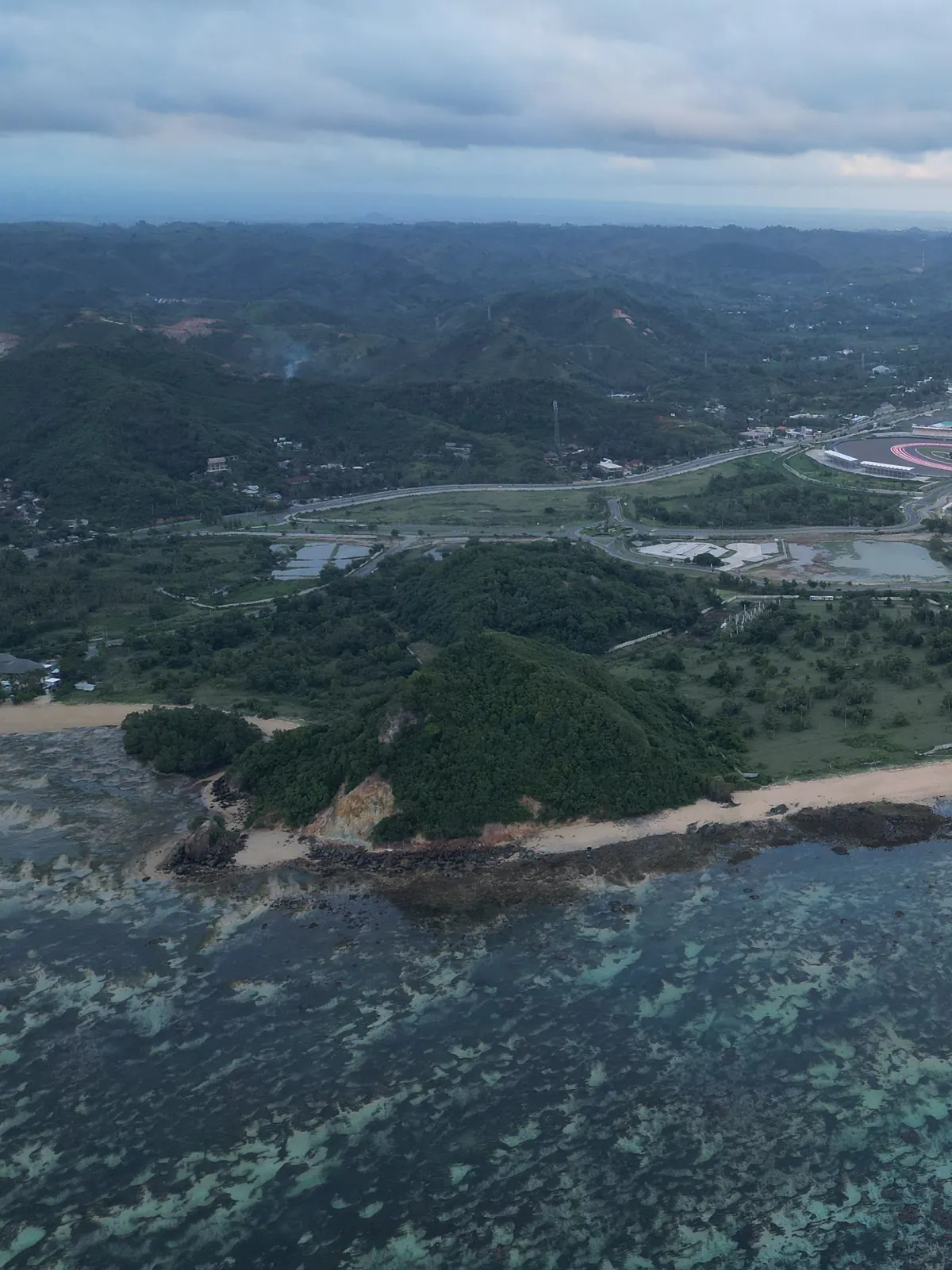 Aerial view of the coastline and the Mandalika circuit, in the south of Lombok