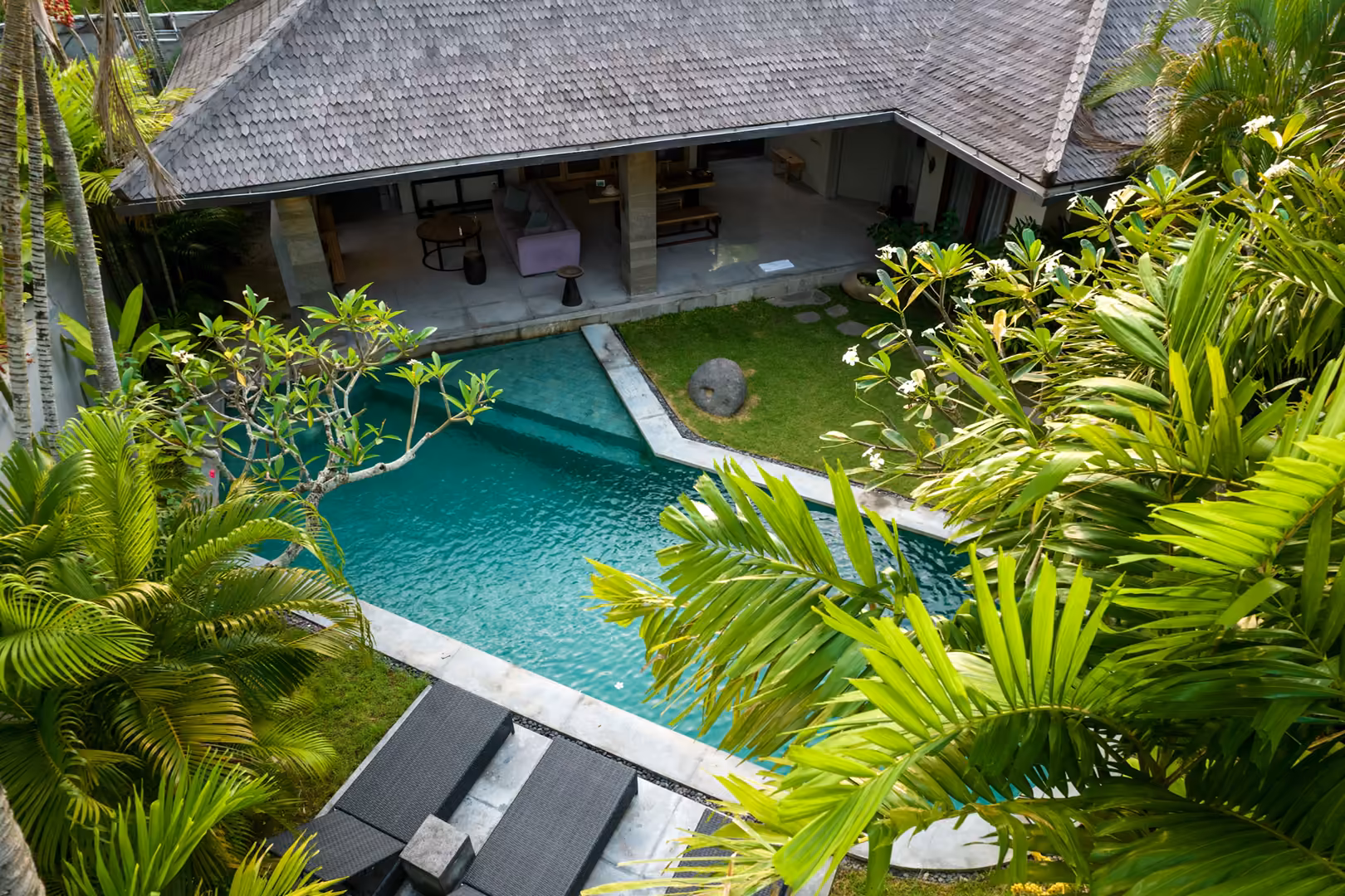 Villa and pool seen from the air, in Seminyak